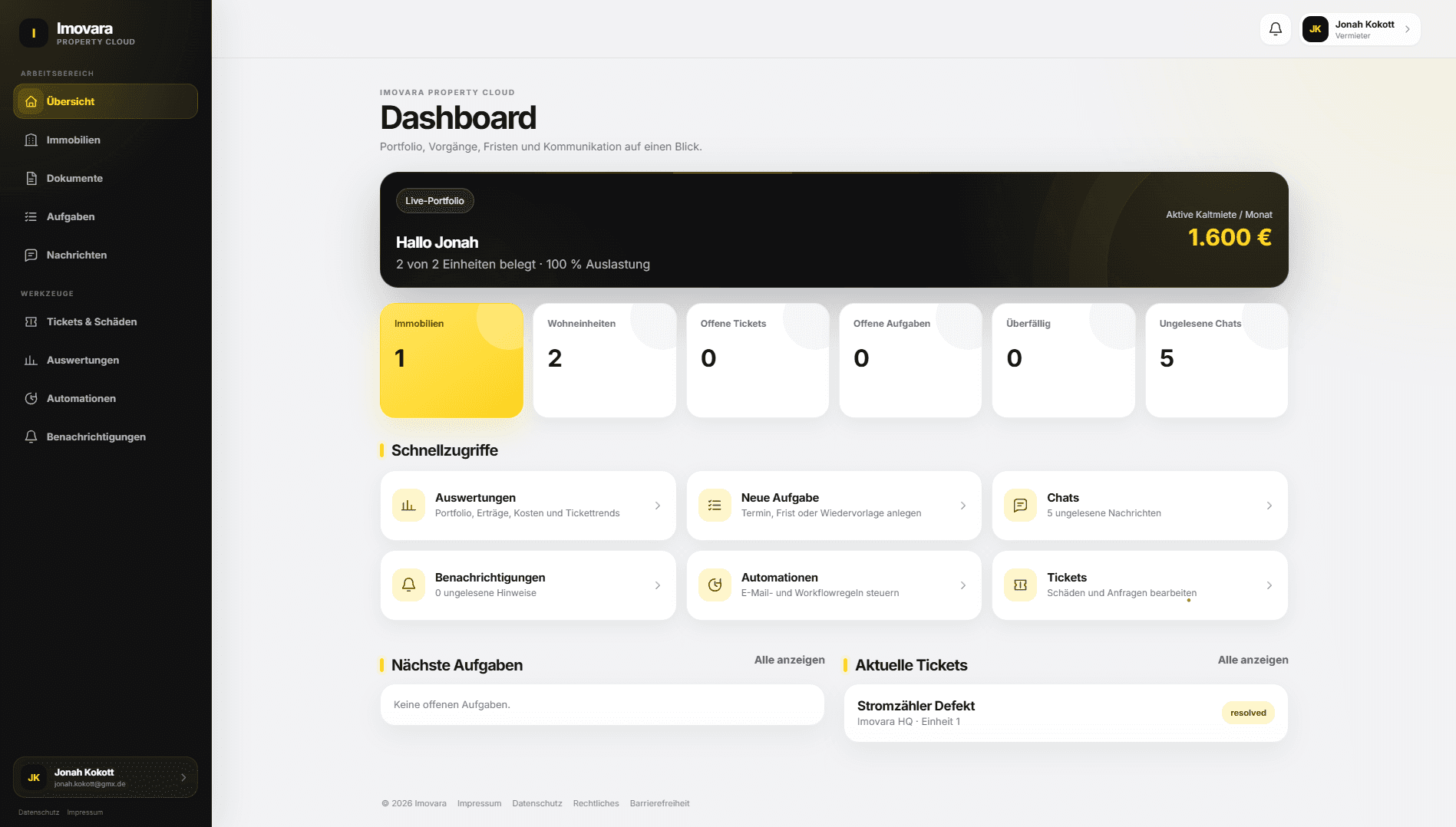 IMOVARA Web-App Dashboard für Immobilienverwaltung